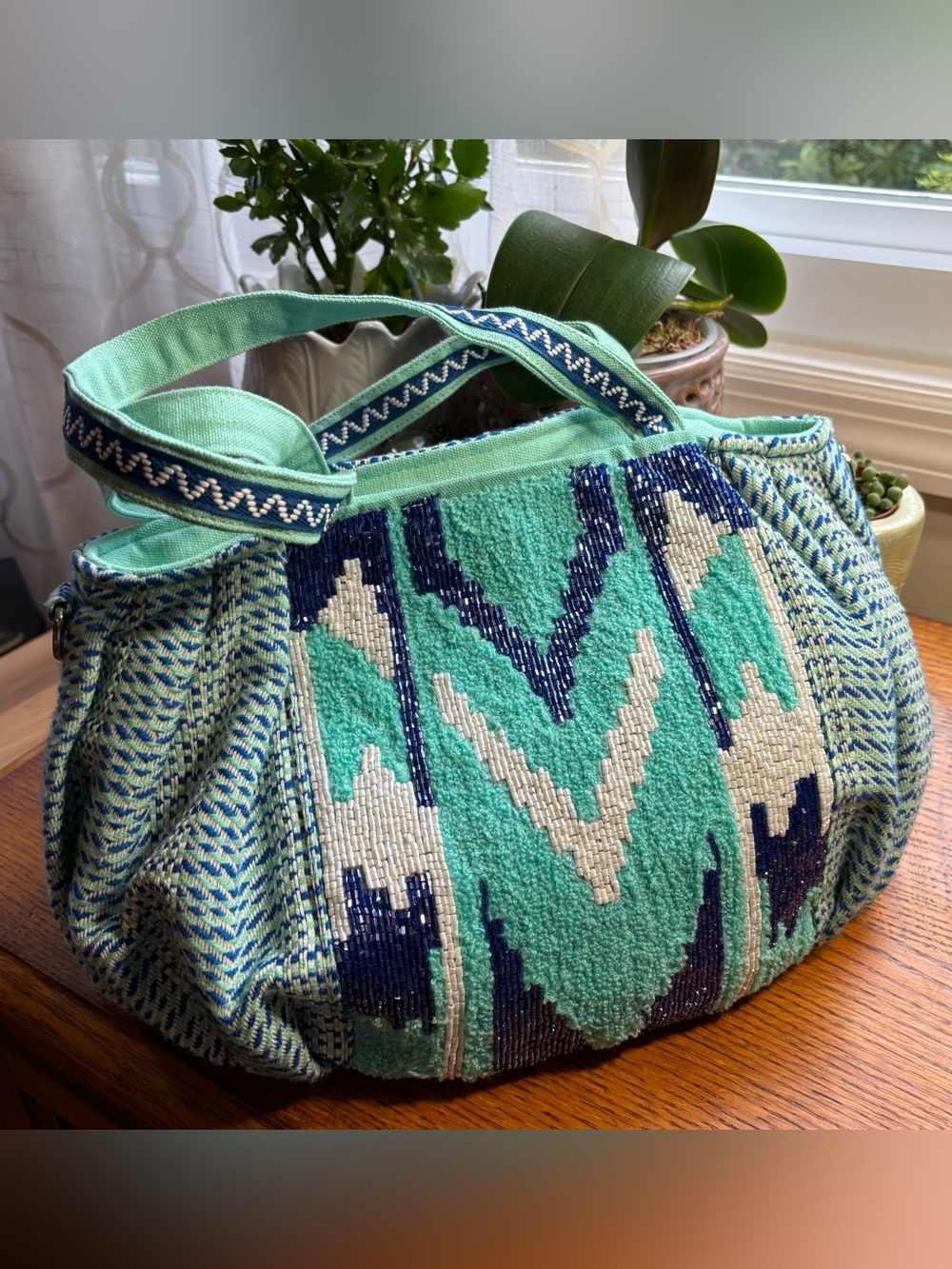 AMERICA & BEYOND blue beaded IKAT satchel Shoulder bag tote